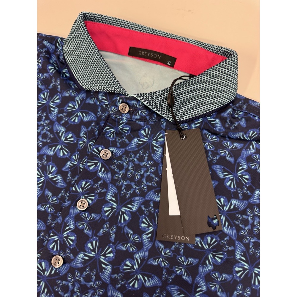 NWT Greyson Blue Migration Butterfly Print Golf Polo Shirt Maltese Blue XL
